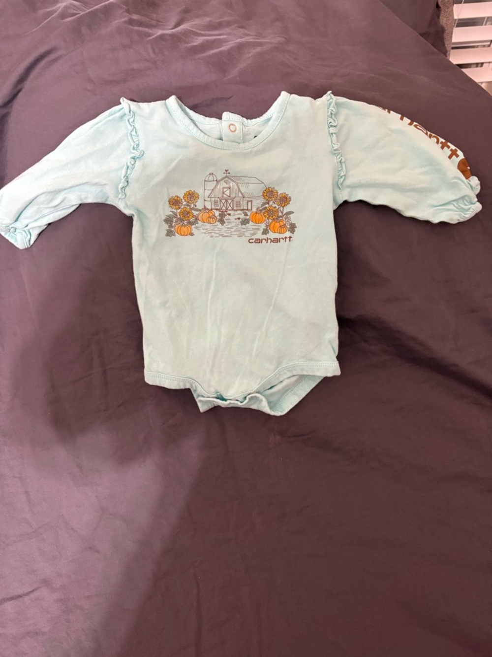 Carhartt infant long-sleeve bodysuit featuring a harvest-themed Size 3 M